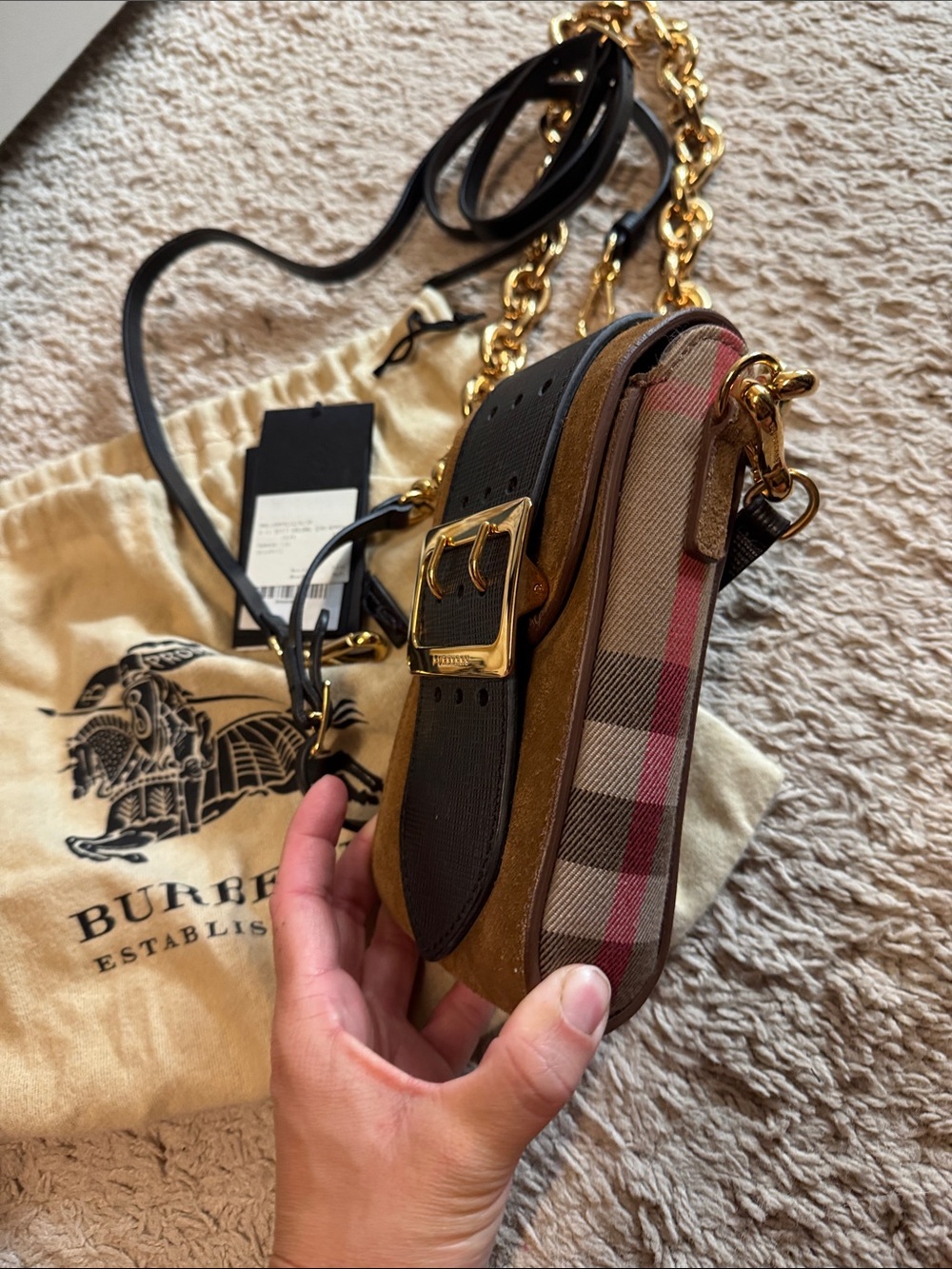 Burberry Brown and Black Buckle Phone Pouch with Gold Chain Strap - Picture 3 of 7